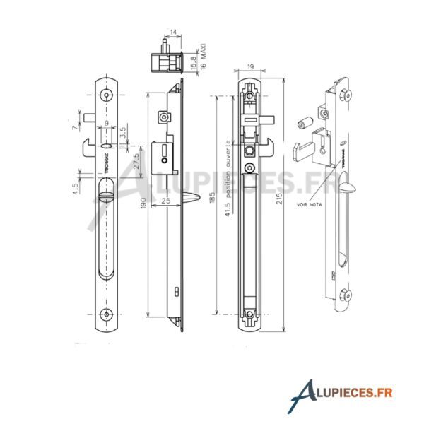 Fermeture Simple Technal pour coulissant GB Cotes