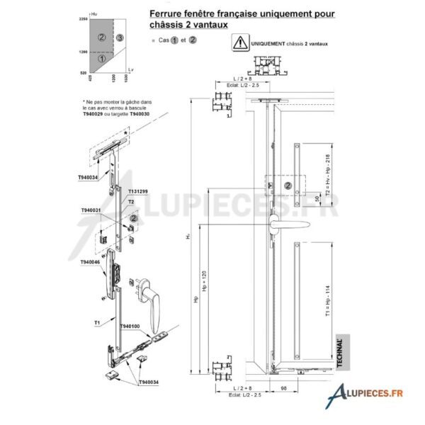 Montage Ferrure Technal pour fenêtre 2 vantaux ouverture à la Francçaise