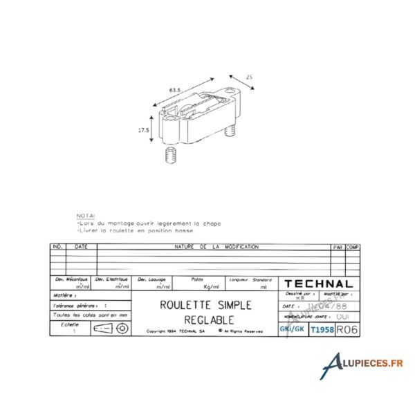 Cotes Roulette simple Ttechnal réglable pour coulissant gamme GK référence T1958-