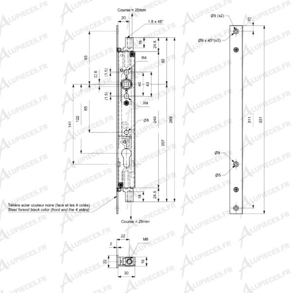 Boitier-cremone-Technal-pour porte Ambial-Cotes